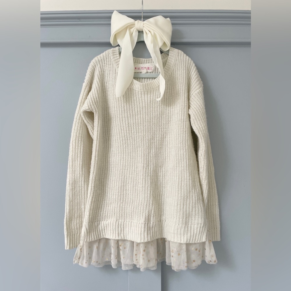 Girls Ivory Drop Sweater with Ivory Chiffon + Gold Foil Star Ruffle Edge Finish